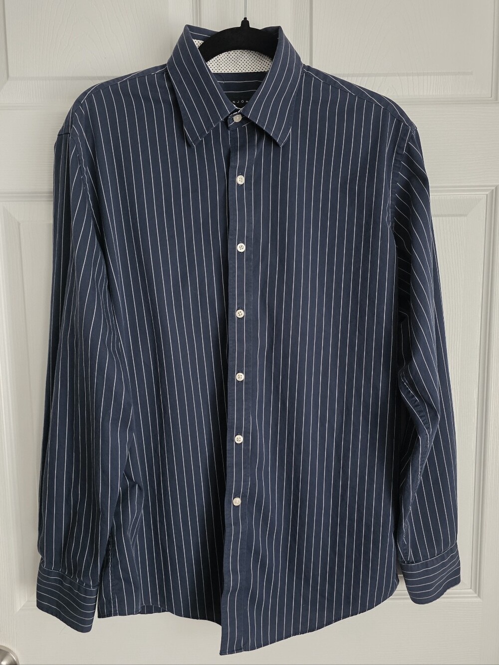 Sean John Men's Navy Blue Pinstripe Dress Shirt 16 34/35 Regular Fit 100% Cotton